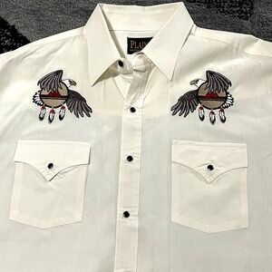 Plains Western Wear Shirt Men XL Ivory Eagle Dream Catcher Pearl Snap Embroidery